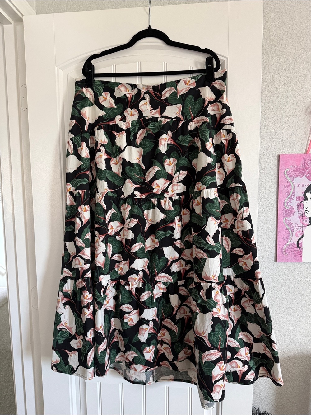Express Floral Tiered Midi Skirt - Black with Pink & Green Flowers